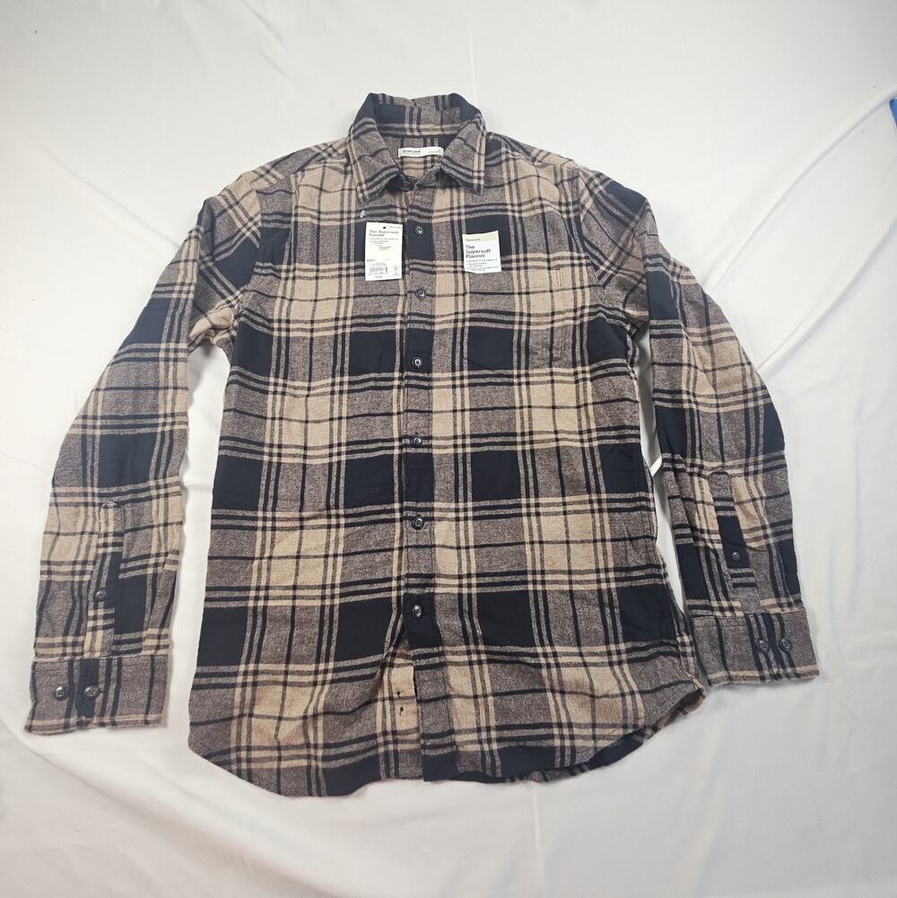 Men's Sonoma Supersoft Flannel Shirt Navy Tan Plaid Long Sleeve Button Front S